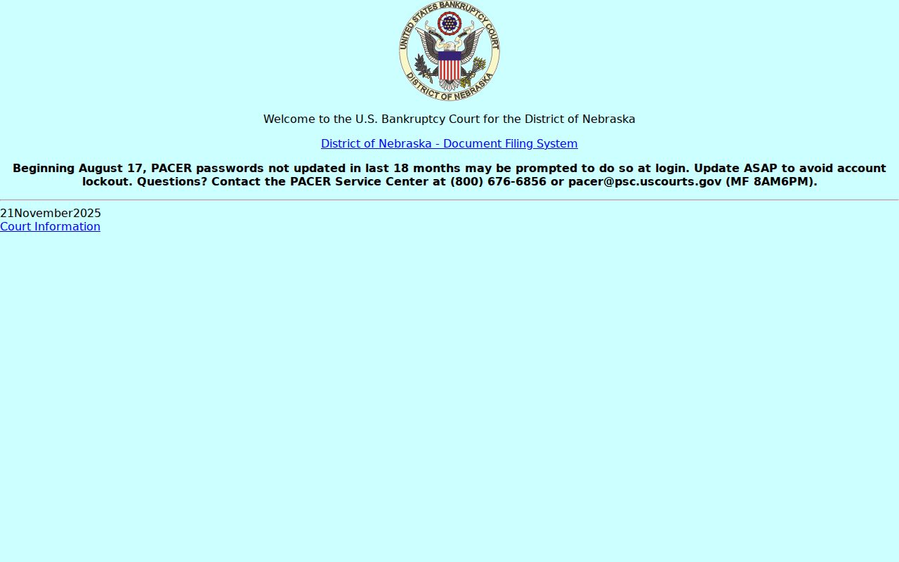 Blue Springs court docket District of Nebraska CM ECF access