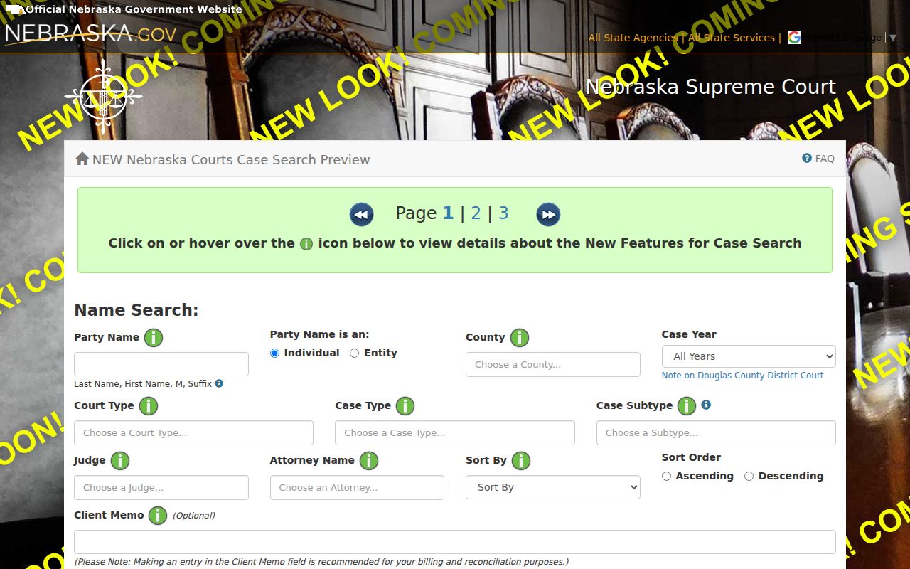 Gage County case lookup image showing JUSTICE name-search fields