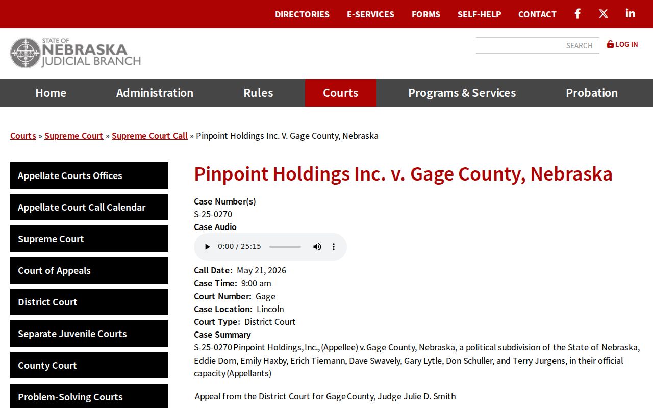 Gage County civil docket search image from a Gage-related civil appellate call entry