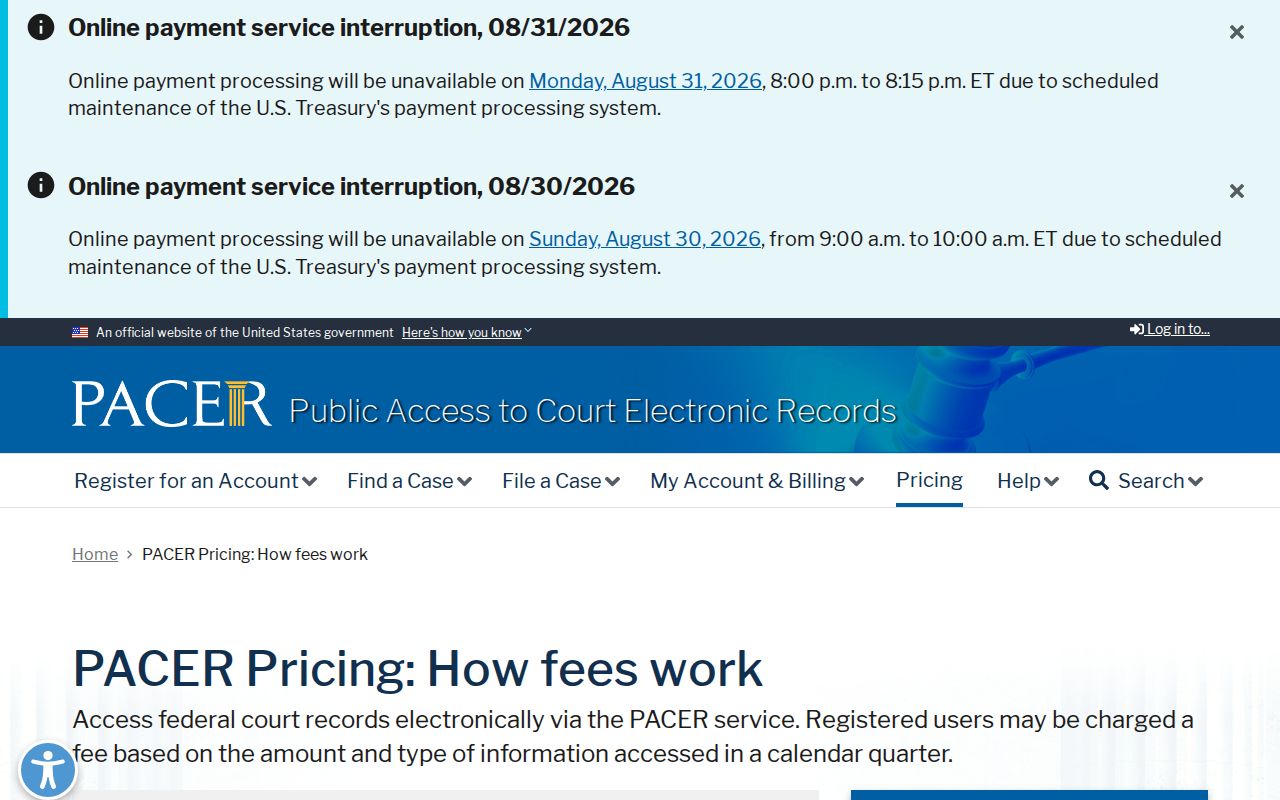Cortland court docket PACER pricing information