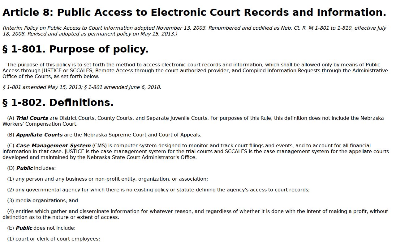 Gage County court calendar public-access rule for hearing fields