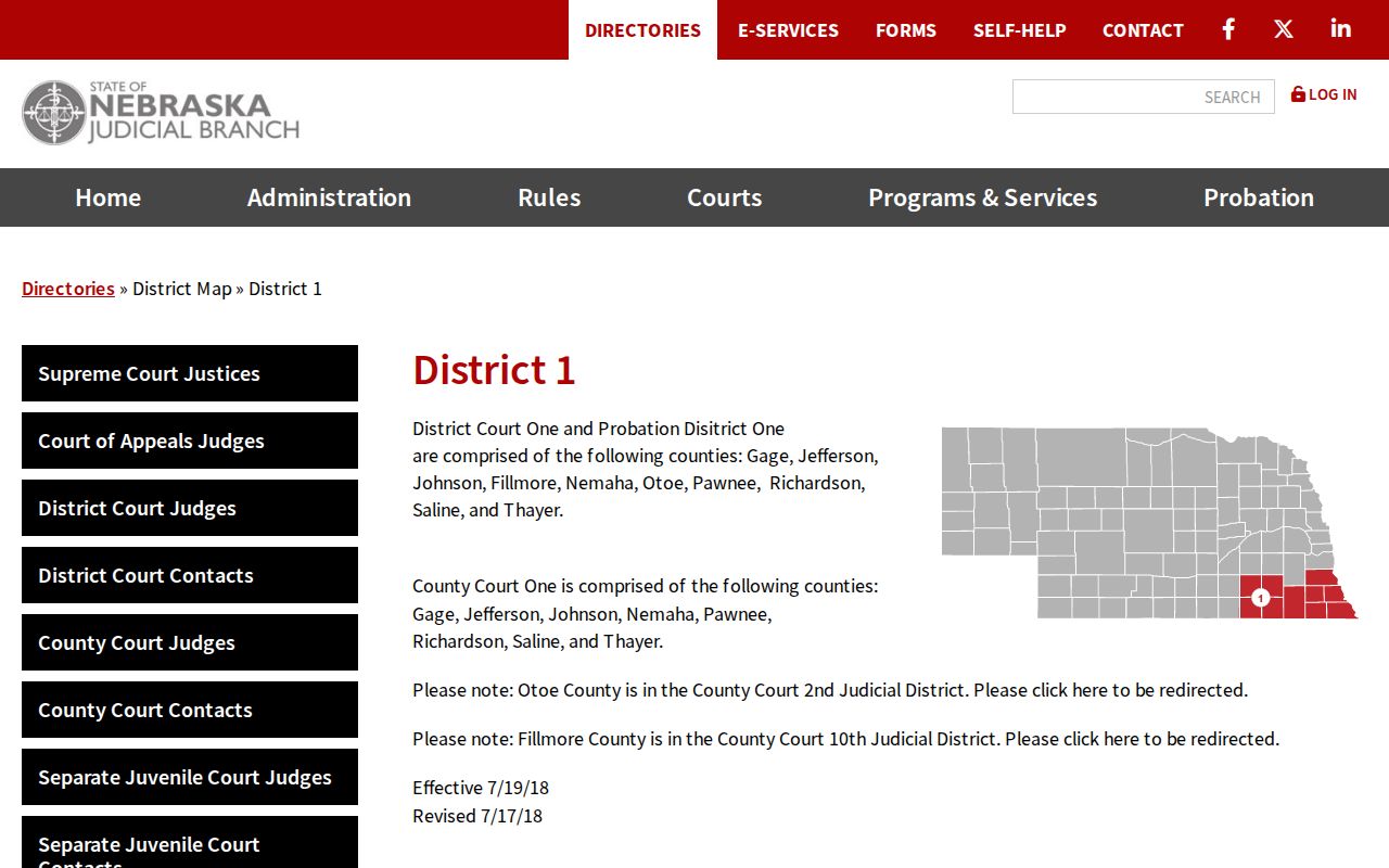 Gage County court calendar District 1 court and clerk map