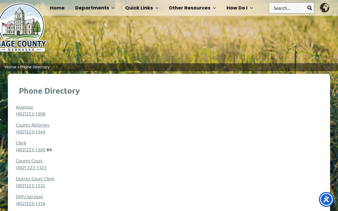 Gage County court calendar phone directory for court-date confirmation