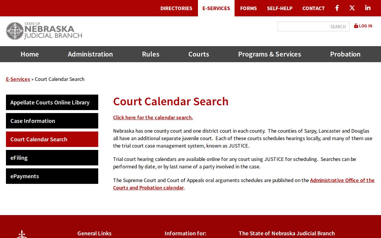 Gage County court calendar search information from the Nebraska Judicial Branch