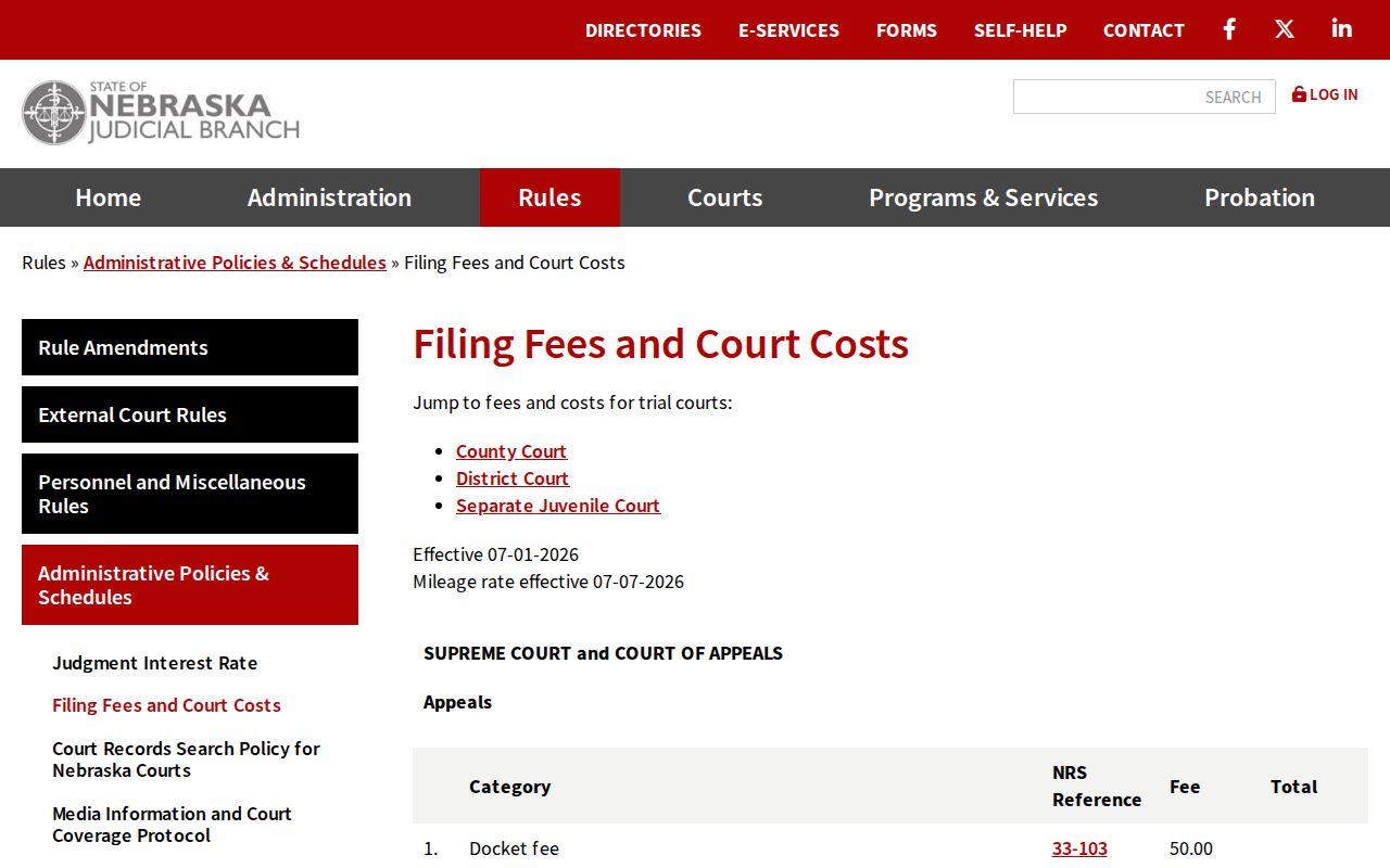 Gage County court record search filing-fee and court-cost schedule