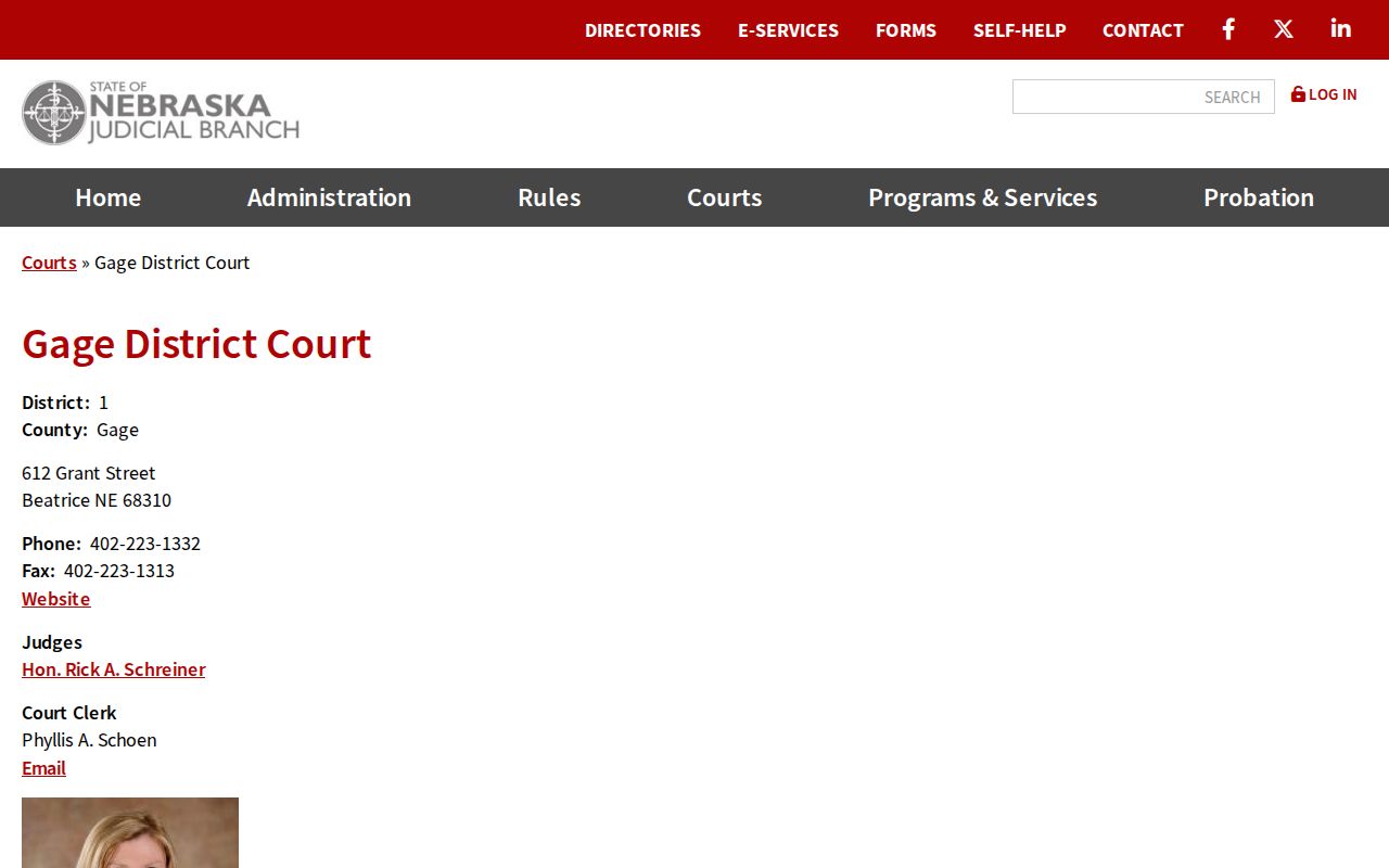 Gage County criminal docket search image from the District Court contact page