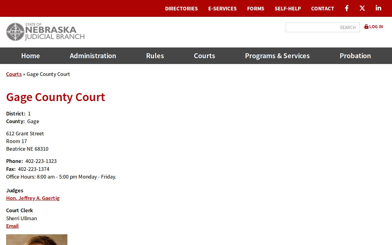 Gage County criminal docket search image from the Gage County Court contact card