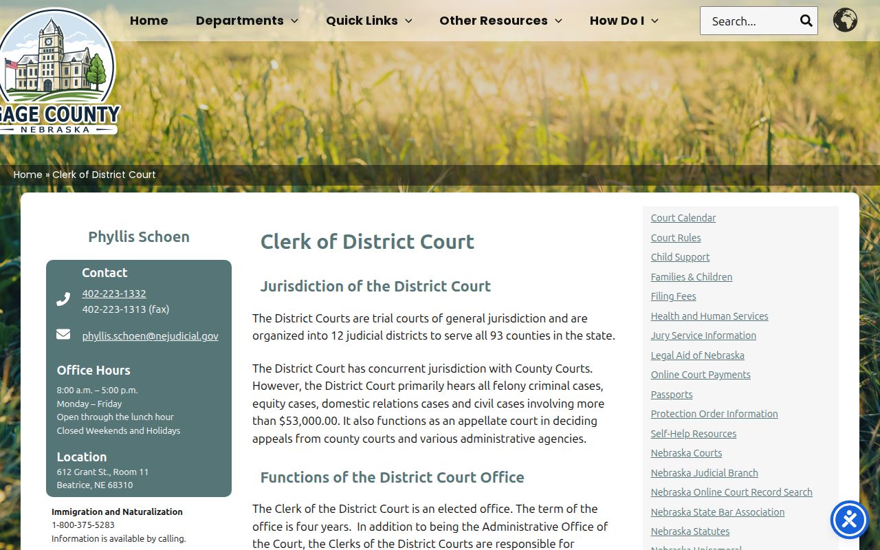 Gage County court docket Clerk of the District Court records