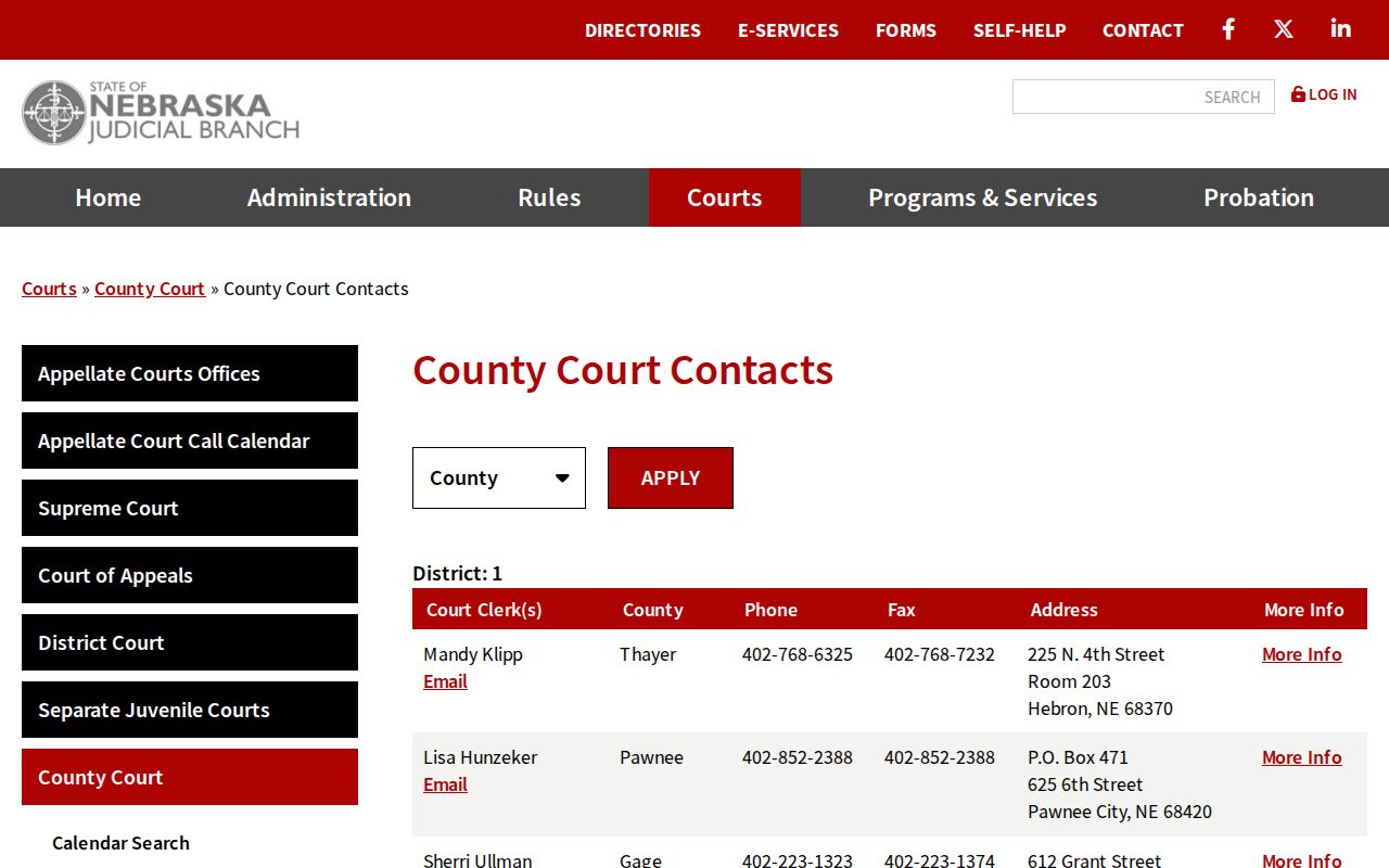 Gage County traffic ticket County Court contact directory