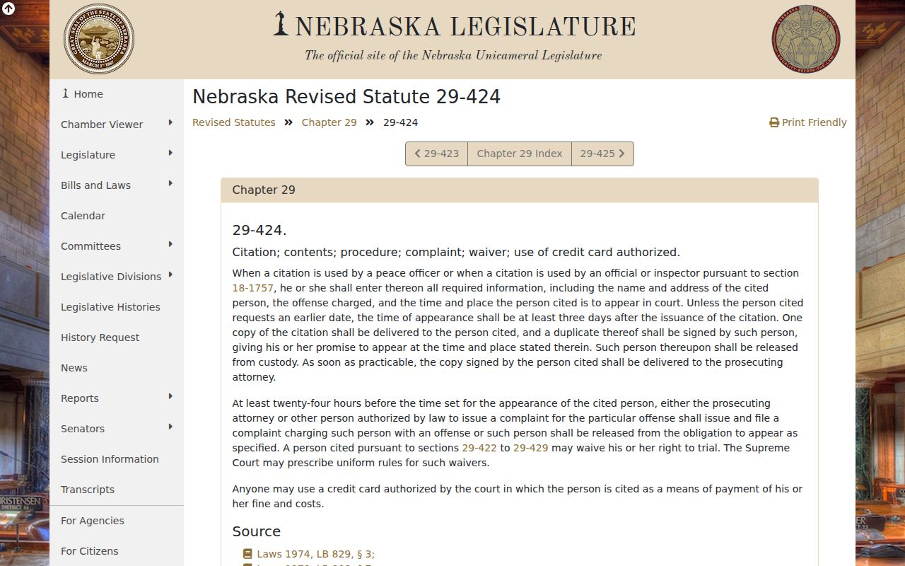 Gage County traffic ticket citation appearance and payment statute